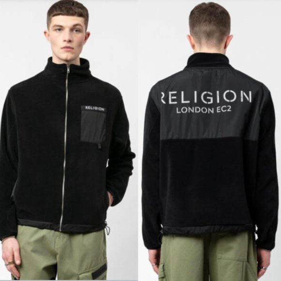 Religion Clothing Fleece Jacket Mens L Black Fabian Full Zip Nylon Spell Out Log - Picture 1 of 15
